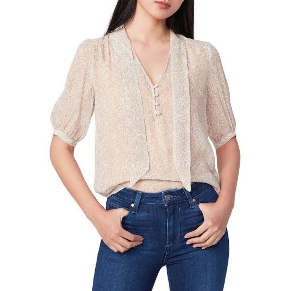 PAIGE Esta Silk Blouse Neck Tie Blouse Short Sleeve V-Neck Top Tan XS